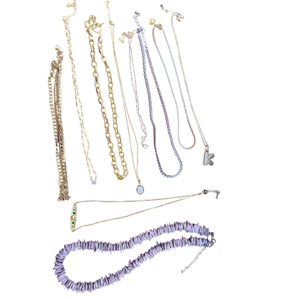 Lot of 10 Mixed Necklaces Gold Tone Silver Tone Layering Chunky Chain Rhinestone